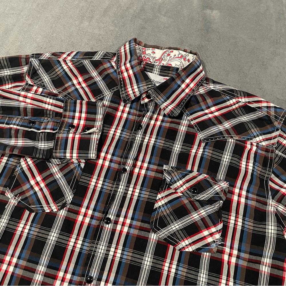 Ace of Diamond Shirt Mens XL Black Pearl Snap Plaid Western Cowboy